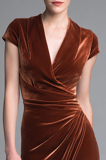 Caramel Velvet V Neck Long Formal Dress with Sleeves